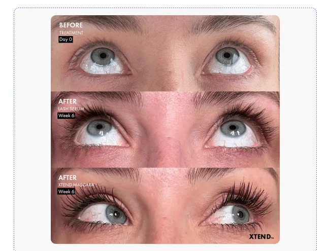 XTEND Lash Serum before and after results showing lash transformation - Day 0 before treatment, Week 8 after serum, and Week 8 after mascara showing longer, fuller-looking lashes