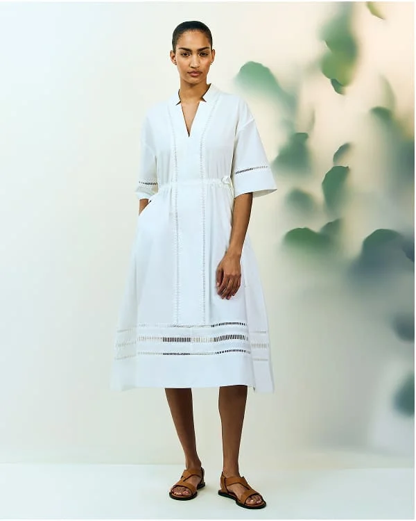 [Image]The Lace Trim Caftan Dress | White