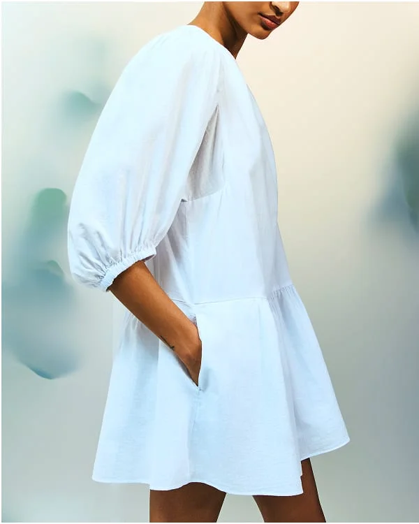 [Image]The Gauze Puff-Sleeve Mini Dress | White