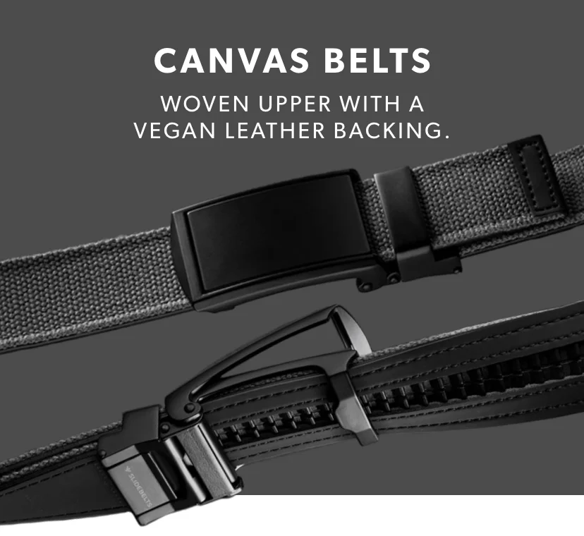 CANVAS BELTS. WOVEN UPPER WITH A VEGAN LEATHER BACKING. CANVAS BELTS. WOVEN UPPER WITH A VEGAN LEATHER BACKING.