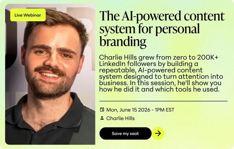 Promotional image for a webinar with Charlie Hills, showing his headshot and text about gaining 200K+ LinkedIn followers using AI content.