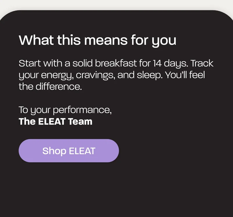 What this means for you  Start with a solid breakfast for 14 days. Track your energy, cravings, and sleep. You’ll feel the difference.  To your performance,  The ELEAT Team