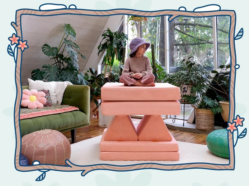 A child sits on our newest Nugget in the color Blossom!