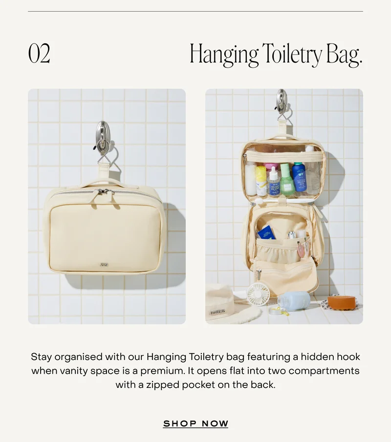 Hanging Toiletry Bag. Stay organised with our Hanging Toiletry bag featuring a hidden hook when vanity space is a premium. It opens flat into two compartments with a zipped pocket on the back.