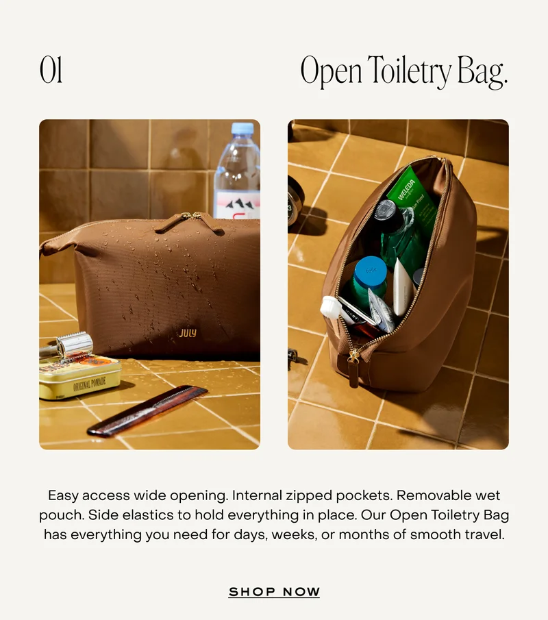 Open Toiletry Bag. Easy access wide opening. Internal zipped pockets. Removable wet pouch. Side elastics to hold everything in place. Our Open Toiletry Bag has everything you need for days, weeks, or months of smooth travel.