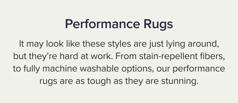 From stain-repellent fibers, to fully machine washable options, our performance rugs are as tough as they are stunning.