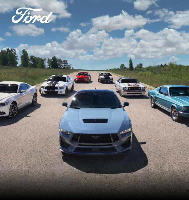 A group of Ford Mustangs in motion.