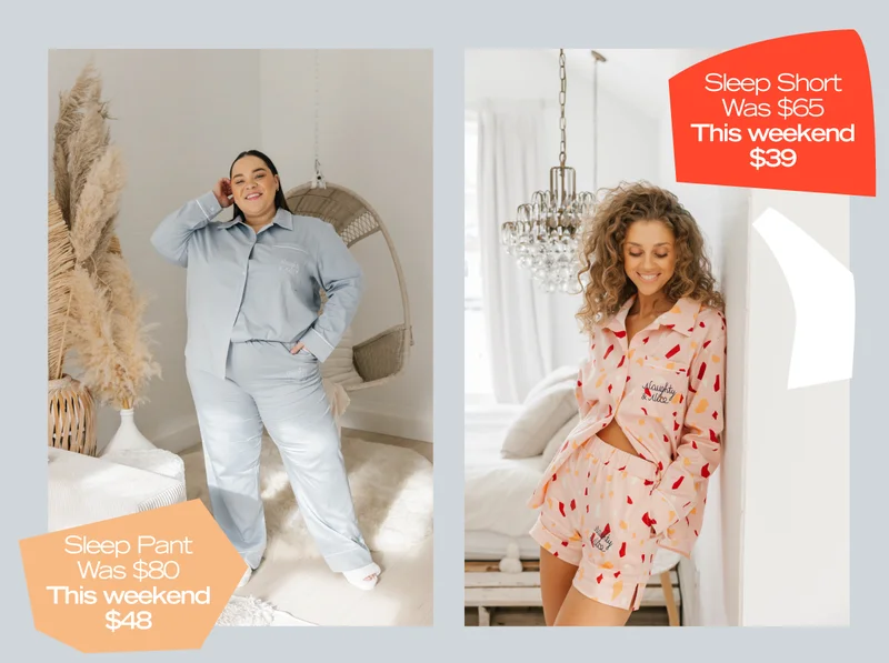 woman with patterned PJs tying hair up in white scrunchie with text 'this new print is poppin'