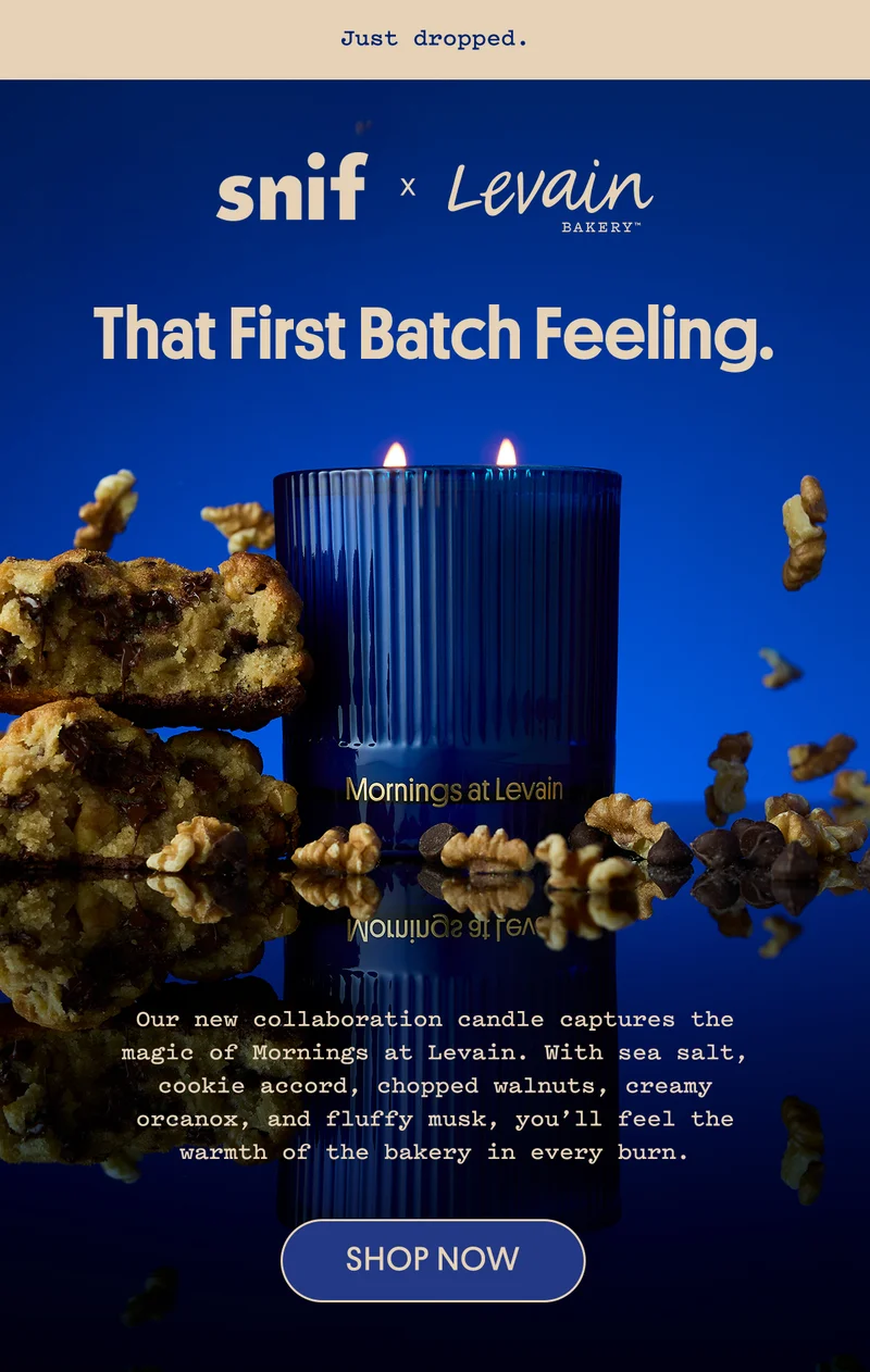 Our new collaboration candle captures the magic of Mornings at Levain. With sea salt, cookie accord, chopped walnuts, creamy orcanox, and fluffy musk, you’ll feel the warmth of the bakery in every burn.