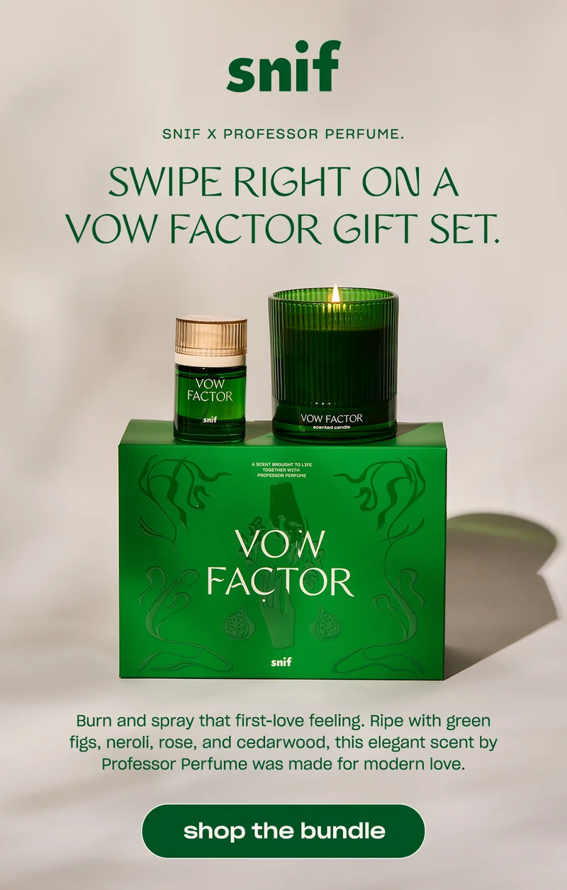 Burn and spray that first-love feeling. Ripe with green figs, neroli, rose, and cedarwood, this elegant scent by Professor Perfume was made for modern love. [ shop the bundle]