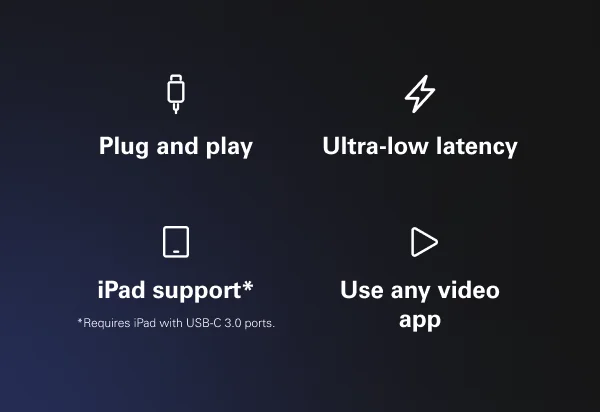 Plug and play, Ultra-low latency, iPad support* (*Requires iPad with USB-C 3.0 ports.), Use any video app.