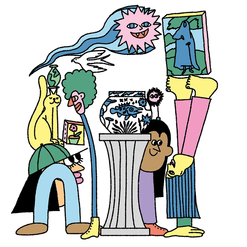 An illustration of people looking at art