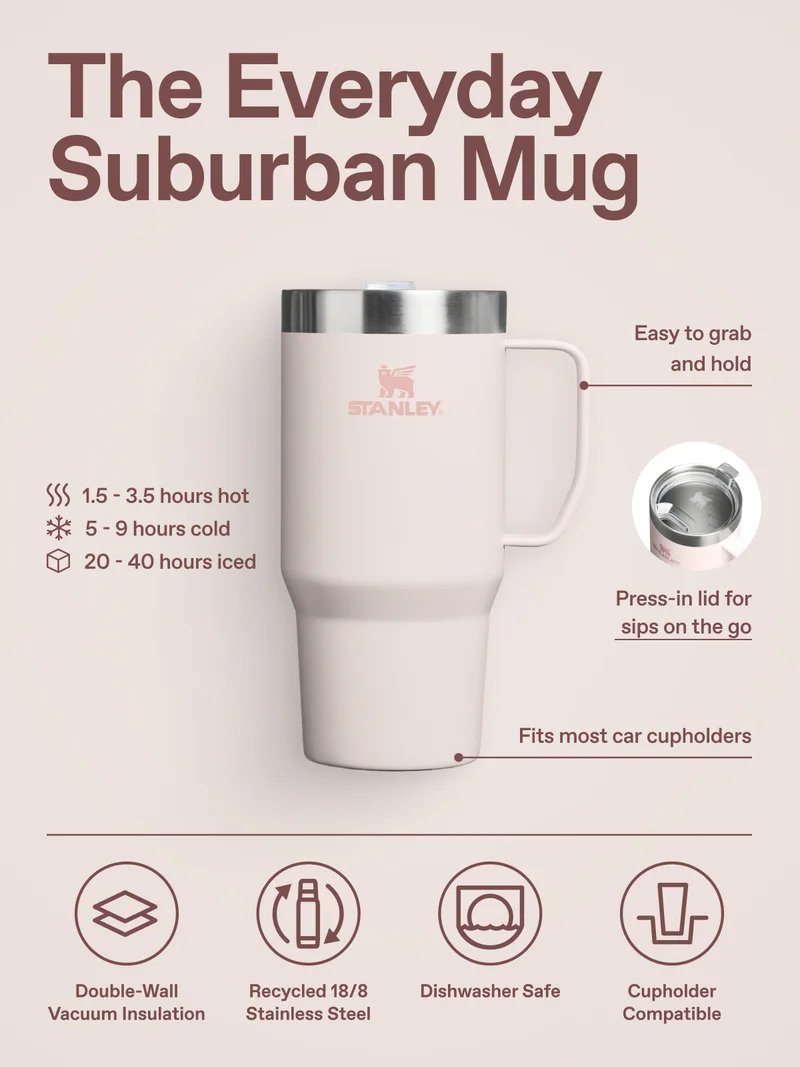 The Everyday Suburban Mug. Easy to grab and hold. Press-in lid for sips on the go. Fits most car cupholders