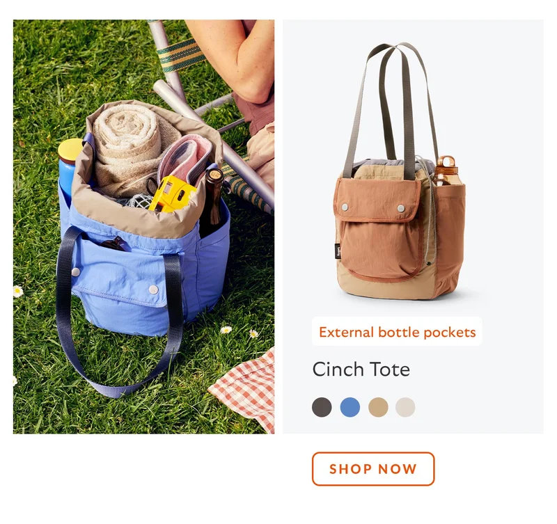 Cinch Tote – sand dune *External bottle pockets SHOP NOW