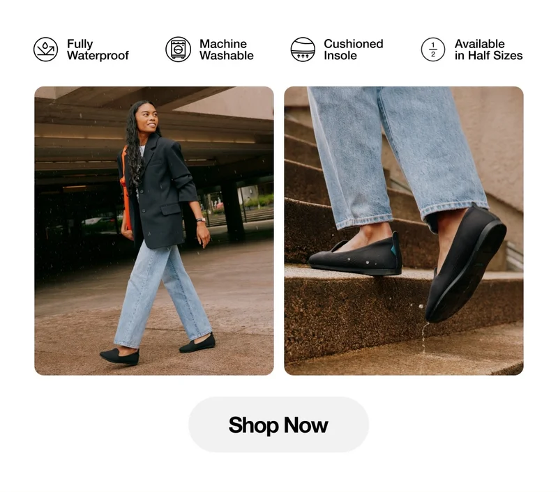Fully Waterproof. Machine Washable. Cushioned Insole. Available in Half Sizes. Dual graphic of a woman wearing the Market Flat in Black. Shop Now.