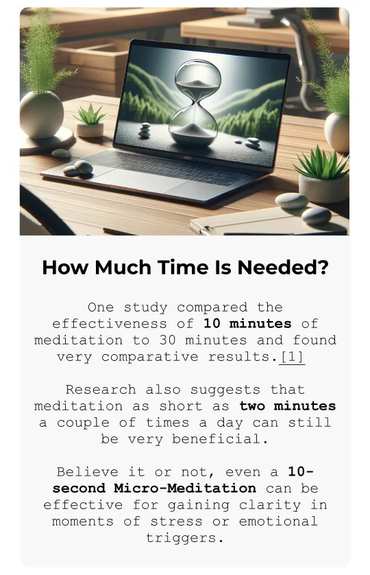 How Much Time Is Needed? One study compared the effectiveness of 10 minutes of meditation to 30 minutes and found very comparative results.[1] Research also suggests that meditation as short as two minutes a couple of times a day can still be very beneficial. Believe it or not, even a 10-second Micro-Meditation can be effective for gaining clarity in moments of stress or emotional triggers.