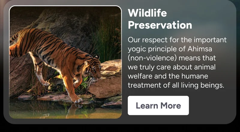 Wildlife Preservation Our respect for the important yogic principle of Ahimsa (non-violence) means that we truly care about animal welfare and the humane treatment of all living beings. Learn More
