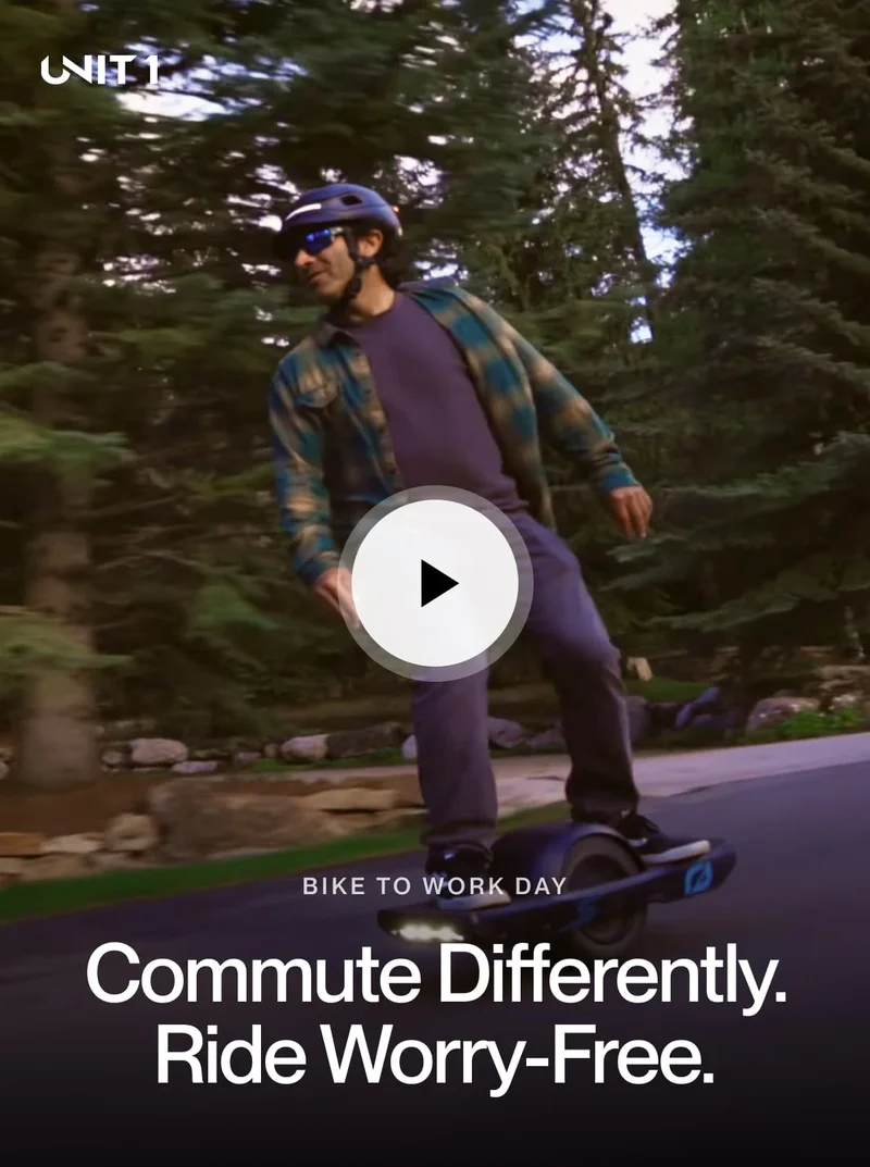 Man commuting through a forested area on a Onewheel wearing a UNIT 1 smart helmet. Click to watch video.