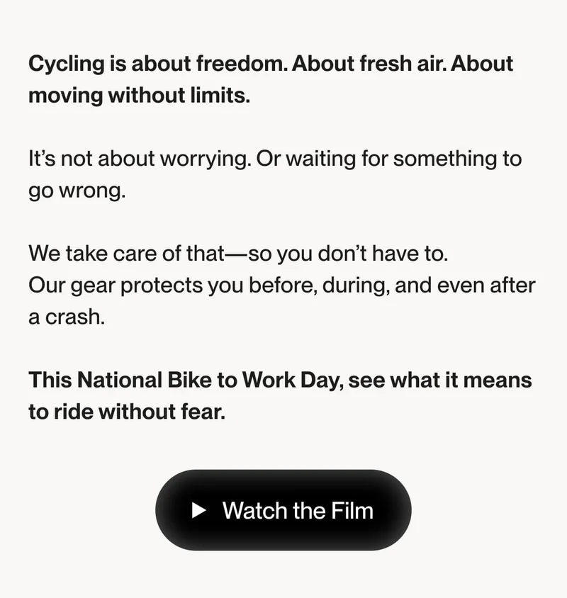 Text block emphasizing the freedom of cycling and protection offered by UNIT 1 gear for National Bike to Work Day.