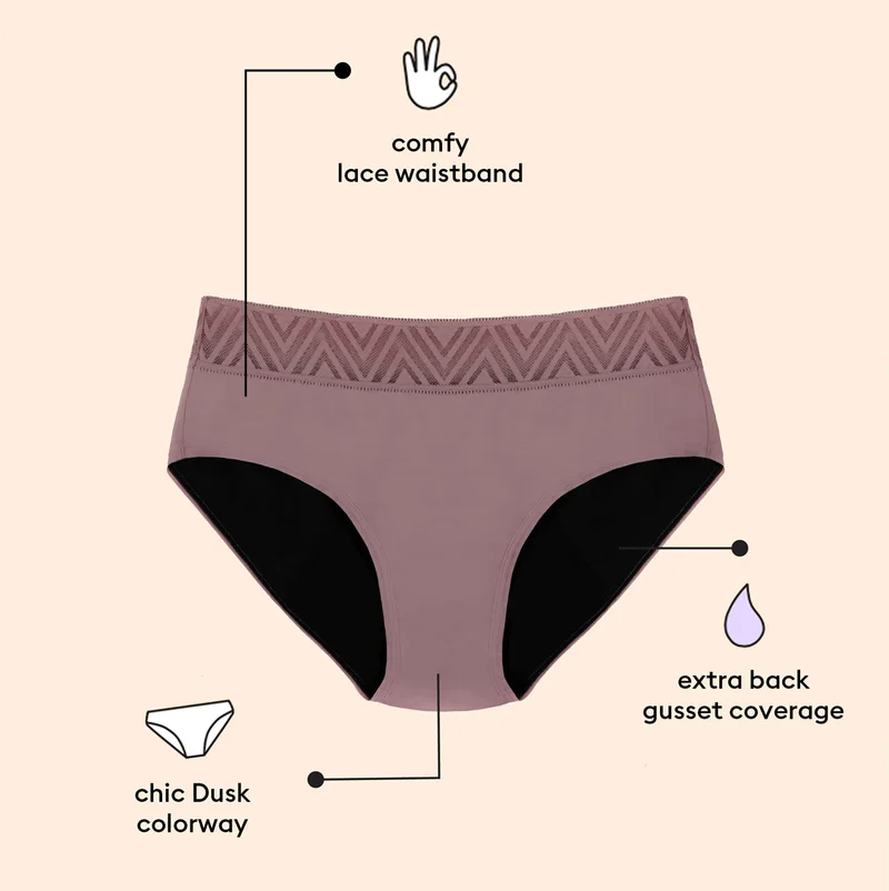 Hiphugger Image — comfy lace waistband, chic Dusk colorway, and extra back gusset coverage