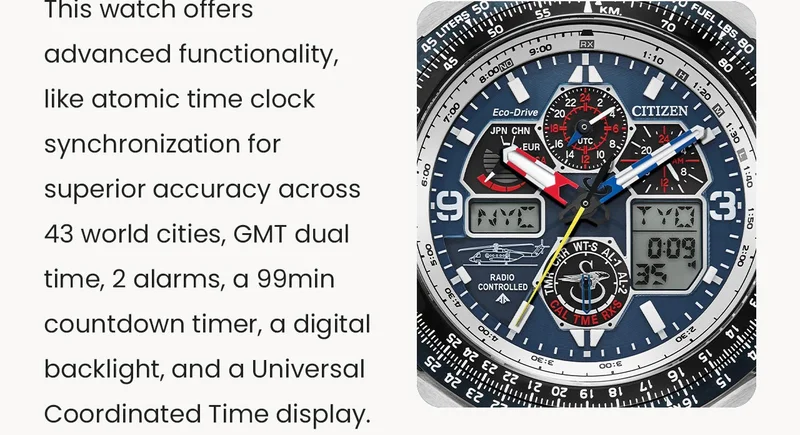 This watch offers advanced functionality, like atomic time clock synchronization for superior accuracy across 43 world cities, GMT dual time, 2 alarms, a 99min countdown timer, a digital backlight, and a Universal Coordinated Time display.