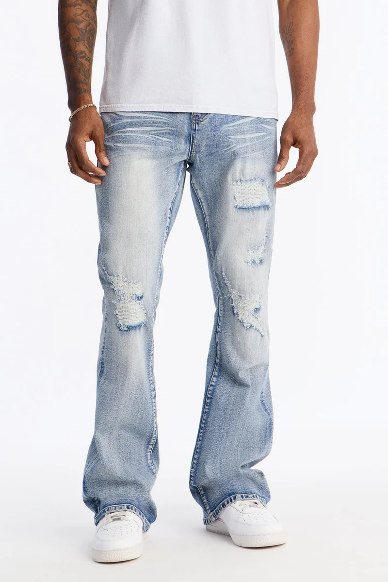 Image of Stacked Skinny Flare Classic Destroyed Jeans - Light Wash
