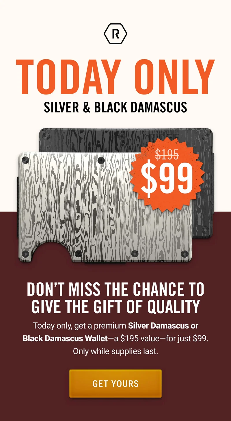 Today Only: Get the Premium Silver or Black Damascus Wallet for just $99