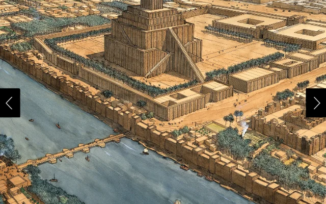 This rendering of Babylon is dominated by the Etemenanki ziggurat as it would have looked during the sixth century B.C.