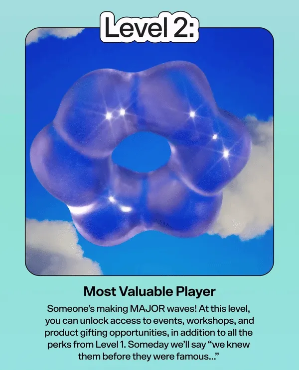 Level 2: Most Valuable Player  Someone’s making MAJOR waves! At this level, you can unlock access to events, workshops, and product gifting opportunities, in addition to all the perks from Level 1. Someday we’ll say “we knew them before they were famous…”