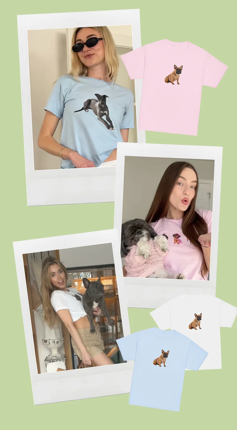 Collage of customers styling their pet face baby tees,