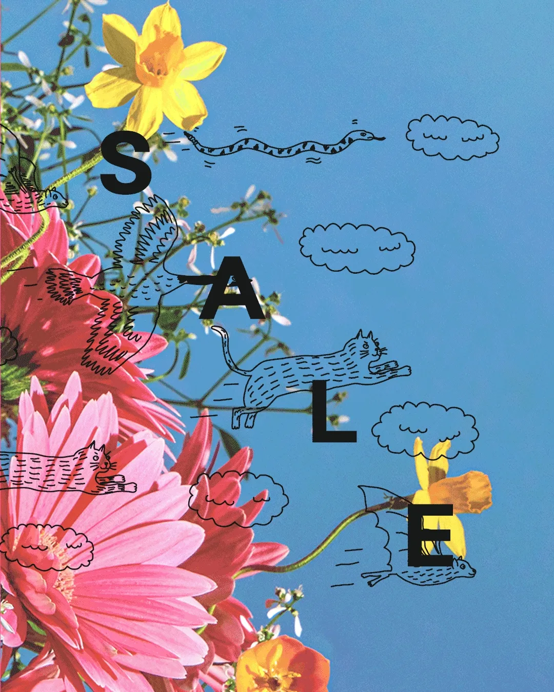 migrating animals fly through the screen with the word SALE in bog letters