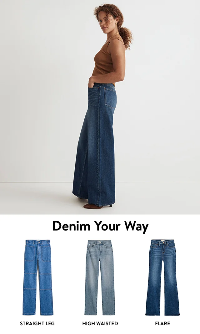 A woman wears dark-wash wide-leg jeans. Three pairs of jeans from Madewell.