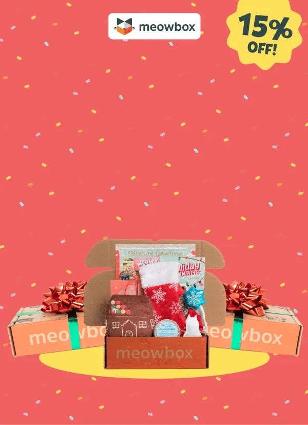 Did someone say boxes? 15% off! Image of the Mewtide Greetings meowbox (featuring toys like the Pawliday Cheer Chaser, Meowy Mantel Stocking Scratcher, Brr Buddy Catnip toys and more)