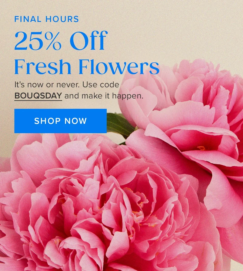 Final Hours! 25% Off Fresh Flowers. It's now or never. Use code BOUQSDAY to make it happen. Shop Now.