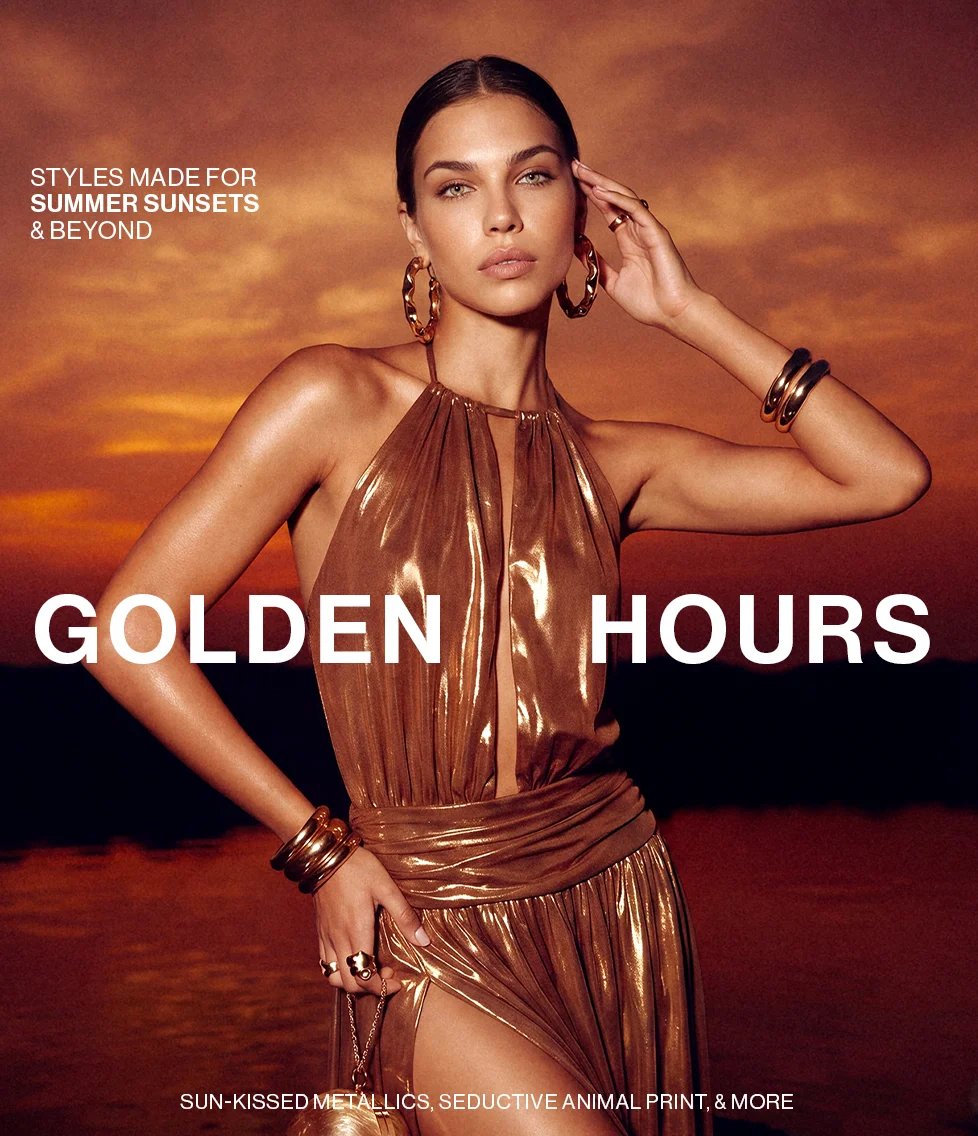 Model in metallic gold halter dress & jewelry at sunset, embodying 'Golden Hours' summer fashion. Sun-kissed, elegant resort style.