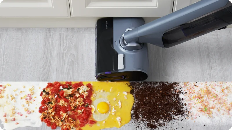 Vacuum and mop at the same time with fresh water. From mess to shine—all in one step. No more mopping after vacuuming or cleaning the same mess twice.