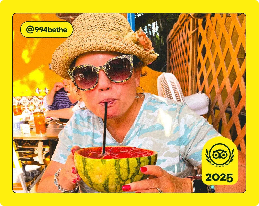 Image Description: A woman drinking out of a watermelon, a person smiling with a plate of food, and a person eating from a bowl with chopsticks. A yellow 2025 Travelers’ Choice Awards Best of the Best badge is on the bottom right of each image.