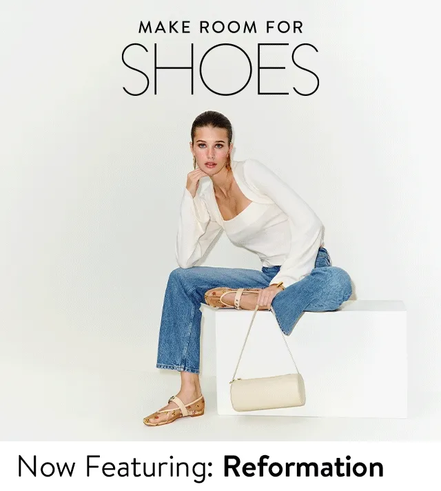 Model wearing Reformation shoes; product shots of Reformation shoes.