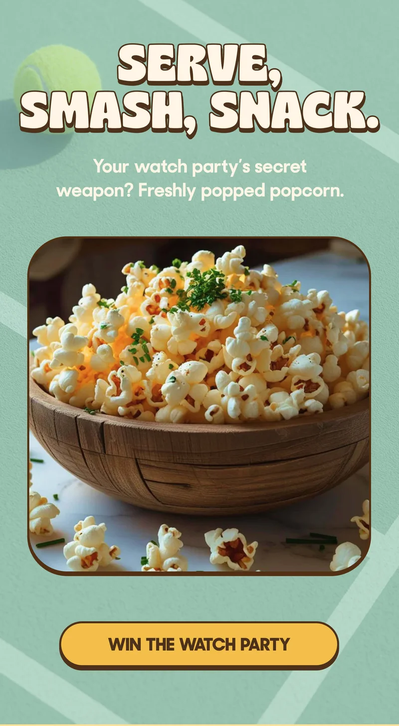 SERVE, SMASH, SNACK. Your watch party’s secret weapon? Freshly popped popcorn. WIN THE WATCH PARTY