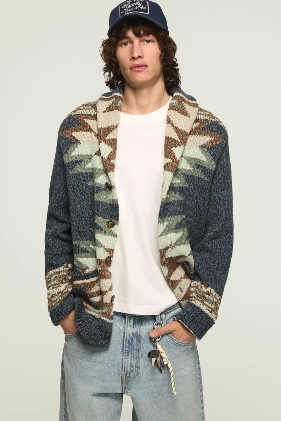 Image of Lucky Brand Southwest Shawl Collar Cardi -Men's Clothing Tops Sweaters in Vintage Jade
