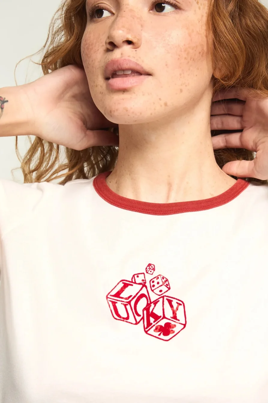 Image of Lucky Brand Lucky Dice Ringer Tee - Women's Clothing Tops Shirts Tee Graphic T Shirts in Bright White