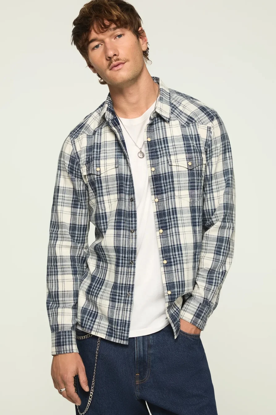 Image of Lucky Brand Indigo Twill Long Sleeve Western Shirt - Men's Clothing Outerwear Shirt Jackets in Indigo Multi