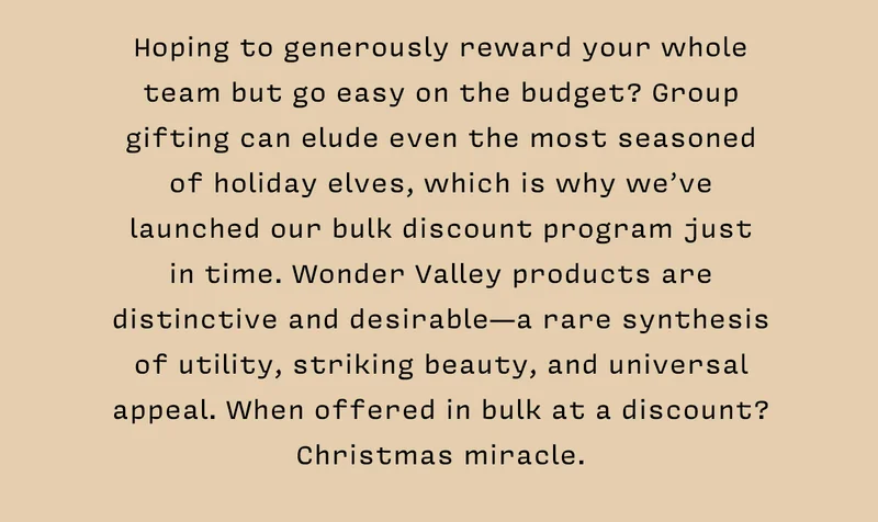 Hoping to generously reward your whole team but go easy on the budget? Group gifting can elude even the most seasoned of holiday elves, which is why we’ve launched our bulk discount program just in time. Wonder Valley products are distinctive and desirable— a rare synthesis of utility, striking beauty, and universal appeal. When offered in bulk at a discount? Christmas miracle.