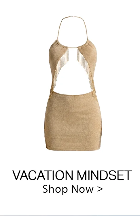 Sparkling gold metallic halter mini dress featuring a deep front cut-out and cascading fringe details. Ideal for a vacation or summer party look.