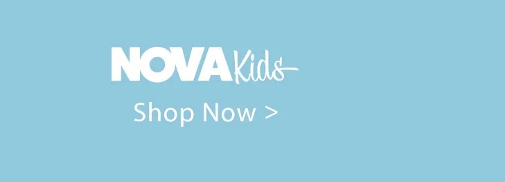 NOVA Kids logo in white on a light blue banner, with "Shop Now >". Explore the latest collection of children's clothing and kids' fashion.