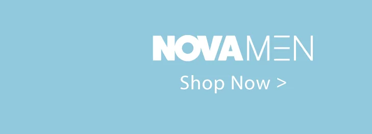 Light blue banner displays bold white 'NOVAMEN' text above 'Shop Now' call to action. Explore trendy men's fashion.