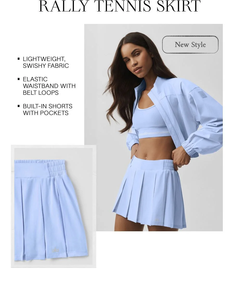 RALLY TENNIS SKIRT. New Style. LIGHTWEIGHT, SWISHY FABRIC. ELASTIC WAISTBAND WITH BELT LOOPS. BUILT-IN SHORTS WITH POCKETS