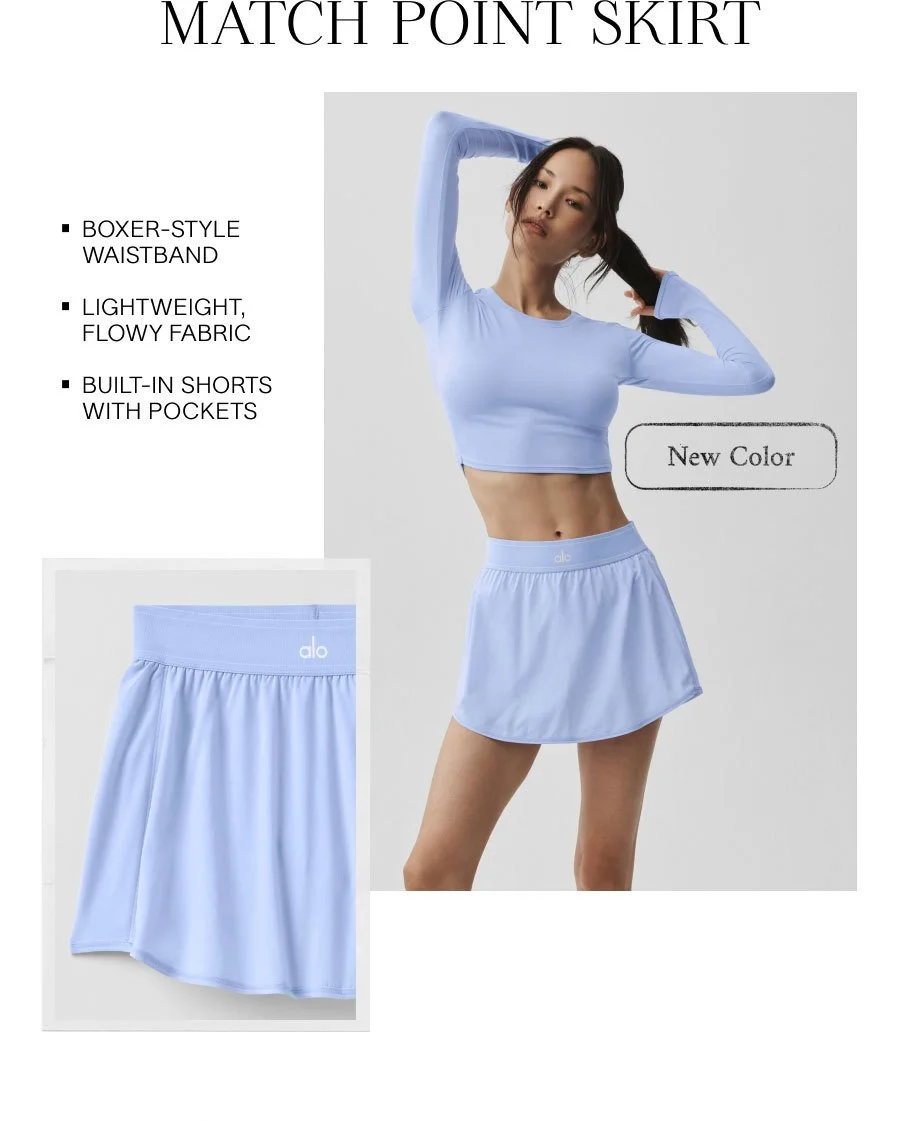 MATCH POINT SKIRT. New Color. BOXER-STYLE WAISTBAND. LIGHTWEIGHT, FLOWY FABRIC. BUILT-IN SHORTS WITH POCKETS