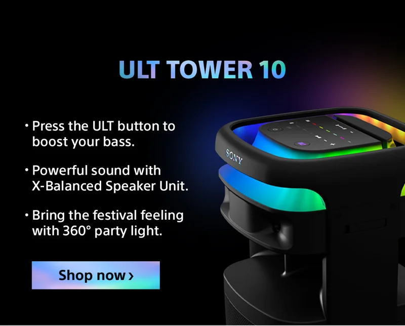 ULT Tower 10 | Press the ULT button to boost your bass. | Powerful sound with X-Balanced Speaker Unit. | BRing the festival feeling with 360° party light.
