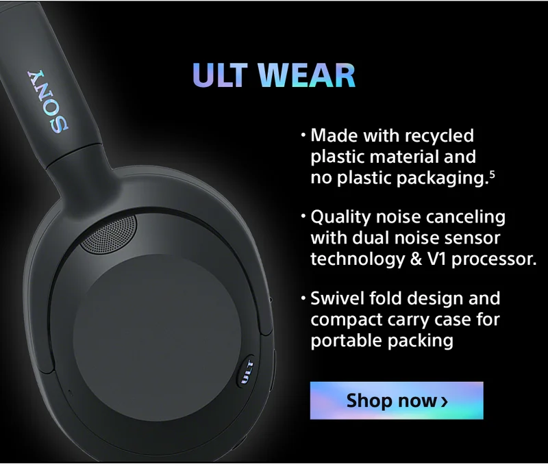 Ult Wear | Made with recycled plastic material and no plastic packaging.⁵ | Quality noise canceling with dual noise sensor technology & V1 processor. | Swivel fold design and compact carry case for portable packing